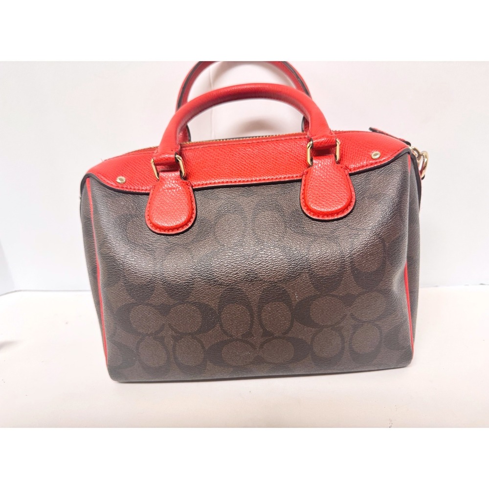 Coach Mini Bennett Brown‎ mono Canvas Red Leather Trim F36702 Crossbody NWOT - Picture 2 of 12